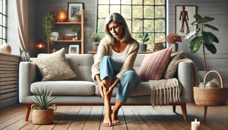 Ältere Frau sitzt auf einem Sofa und hält schmerzend ihr Bein – Symbolbild für Restless-Legs-Syndrom (RLS).
