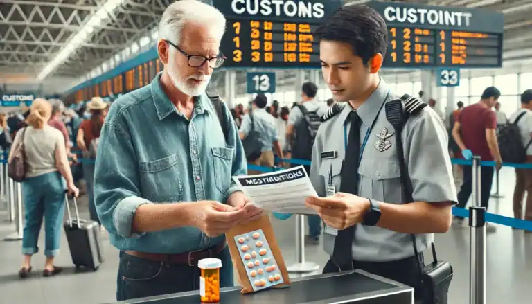 Zollbeamter prüft am Flughafen die ärztliche Bescheinigung eines Reisenden mit Betäubungsmitteln.