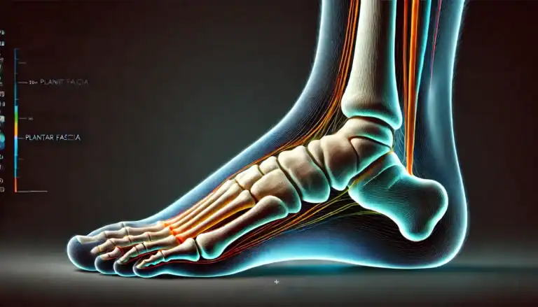 Anatomische Illustration eines Fußes mit Fokus auf die Plantarfaszie – mögliche Ursache für Fersenschmerzen bei Plantarfasziitis und Fersensporn.