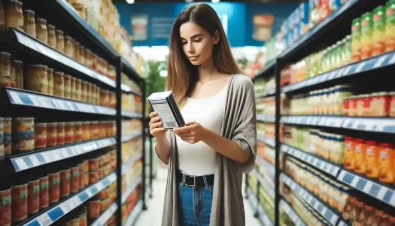 Frau liest im Supermarkt die Zutatenliste eines Produkts – wichtig bei Zöliakie und Laktoseintoleranz.