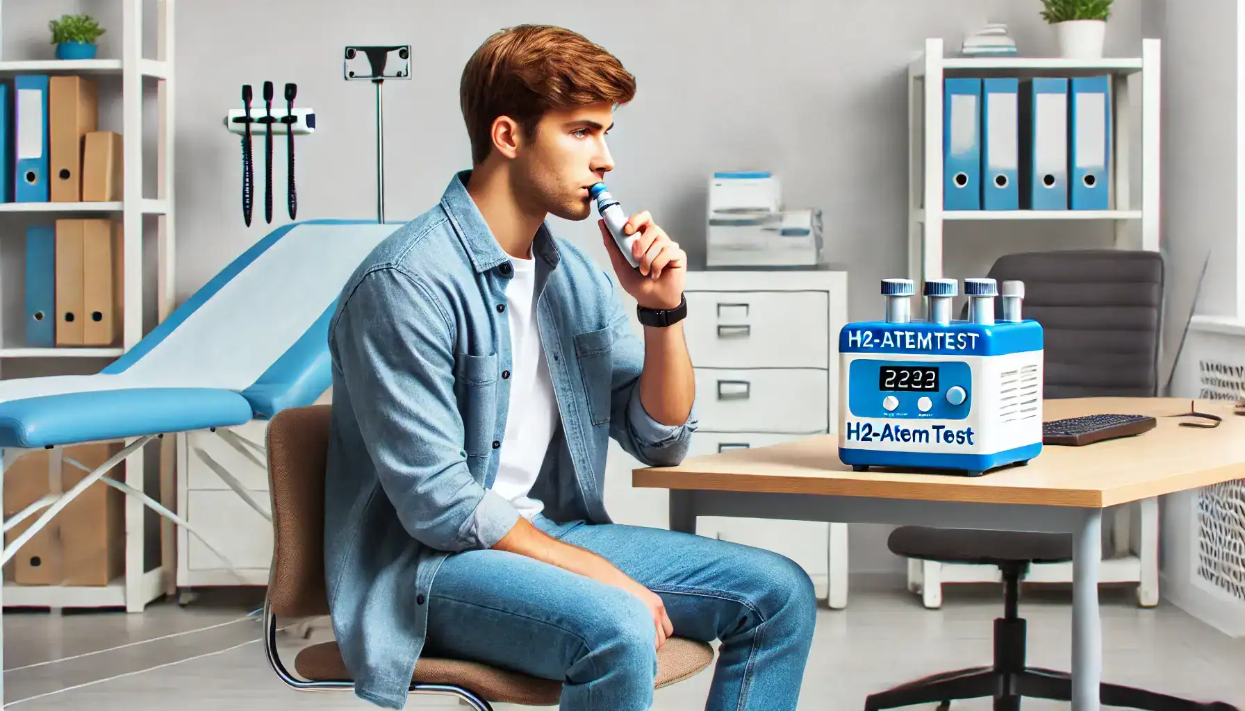 Ein junger Mann führt einen H2-Atemtest zur Diagnose von Laktoseintoleranz durch, er bläst in ein medizinisches Testgerät.