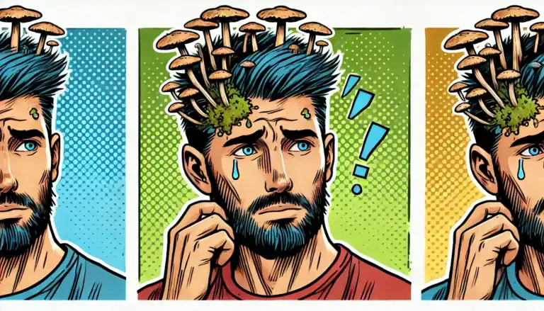 Comicartige Darstellung eines Mannes mit Pilzen, die aus seiner Kopfhaut wachsen – Symbolbild für eine Pilzinfektion nach Friseurbesuch.