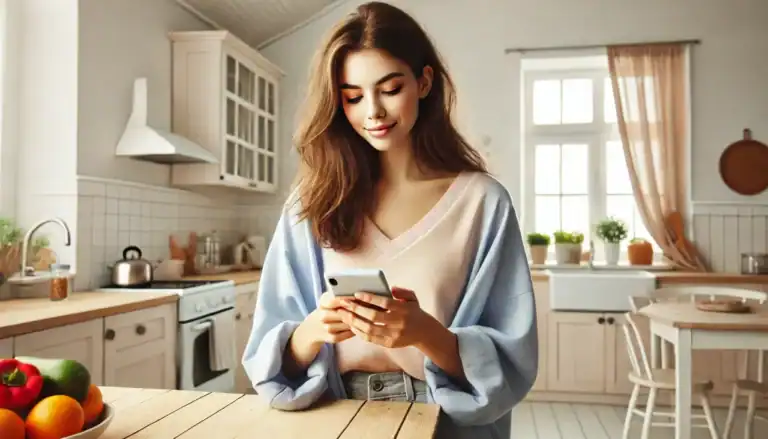 Junge Frau in heller Küche blickt lächelnd auf ihr Smartphone – Symbolbild für digitale Gesundheitsanwendungen bei Reizdarmsyndrom.