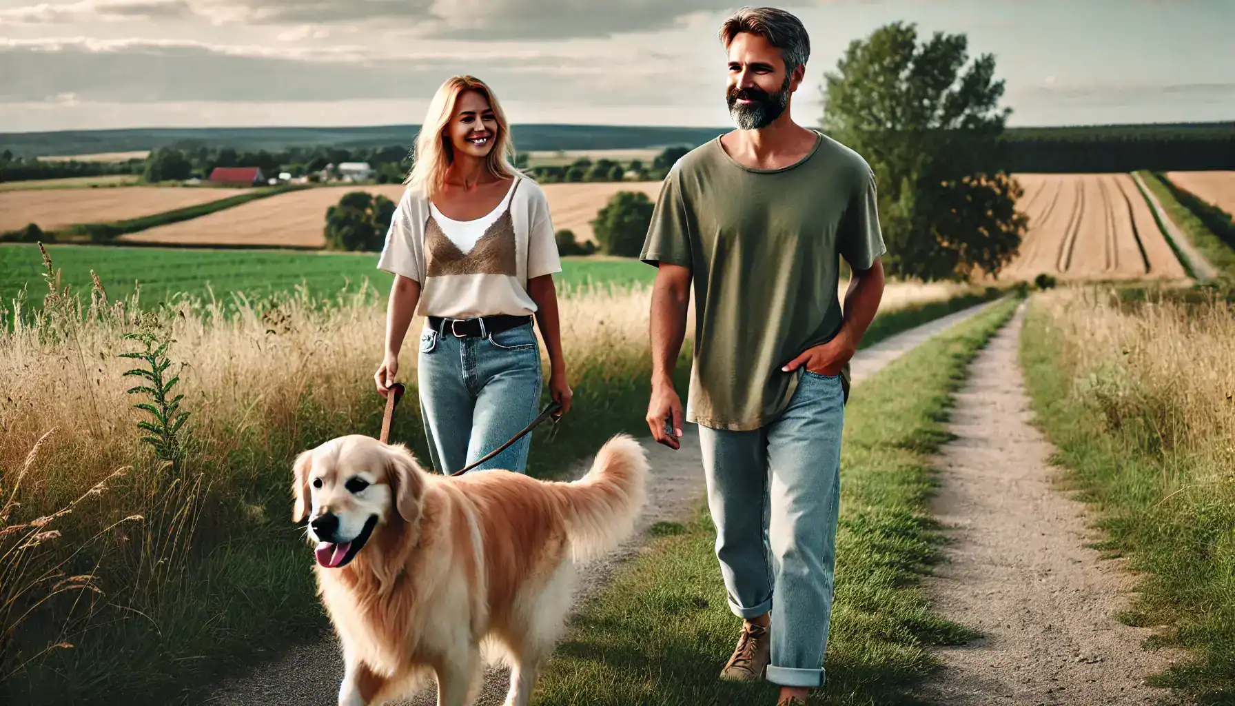 Ein Paar geht mit einem Golden Retriever auf einem Feldweg spazieren – Symbolbild für Bewegung bei Rückenschmerzen.