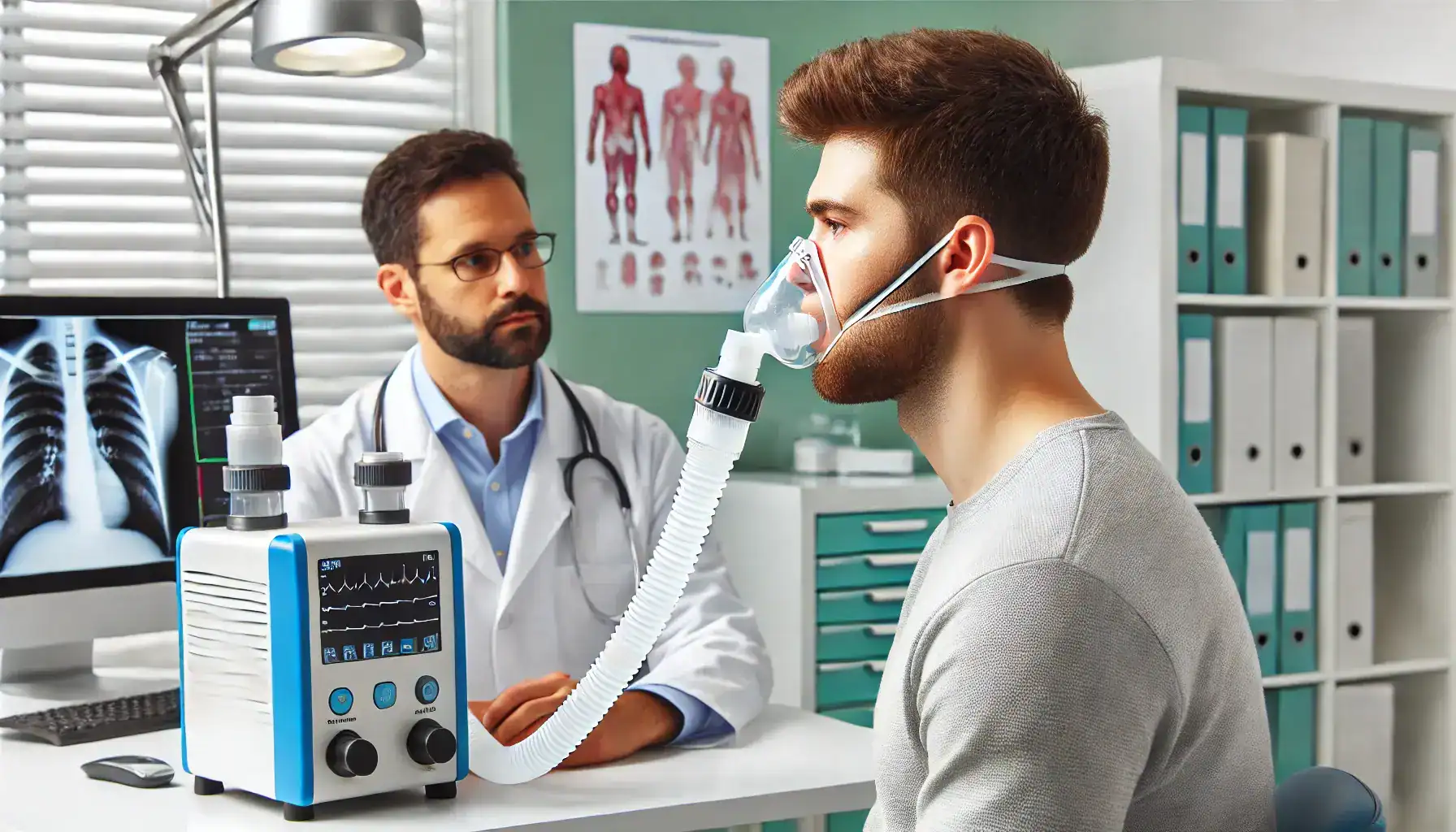 Arzt untersucht die Lungenfunktion eines jungen Mannes mit Atemmaske und Diagnosegerät in einer Praxis.