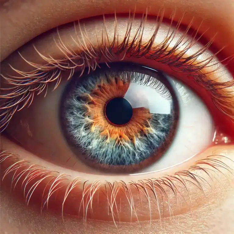 Nahaufnahme eines Auges mit detaillierter Irisstruktur in Blau-Orange, Symbolbild für trockene oder empfindliche Augen.