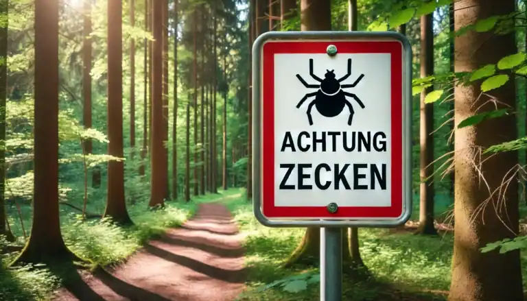 Warnschild „Achtung Zecken“ im Wald – Hinweis auf erhöhtes Risiko für Zeckenstiche, Borreliose und FSME.