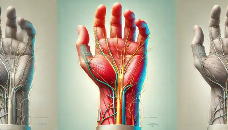 Anatomische Darstellung einer geöffneten Hand mit hervorgehobenen Nerven, Muskeln und Sehnen – Fokus auf den Verlauf des Medianusnervs beim Karpaltunnelsyndrom.