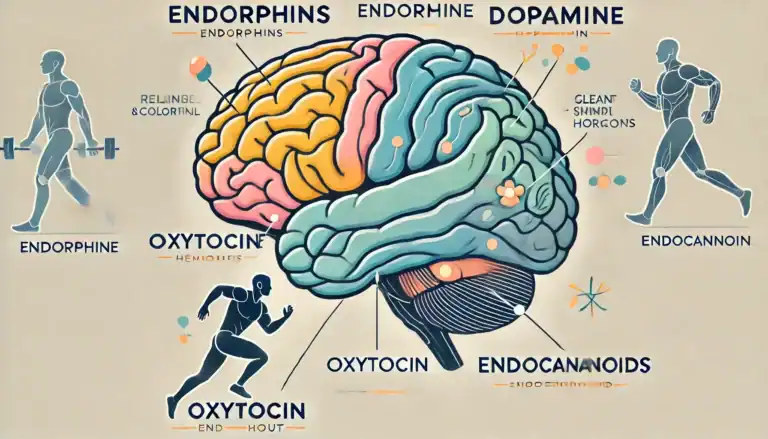Grafik eines menschlichen Gehirns mit hervorgehobenen Bereichen für Dopamin, Endorphine, Oxytocin und Endocannabinoide, ergänzt durch sportliche Silhouetten.
