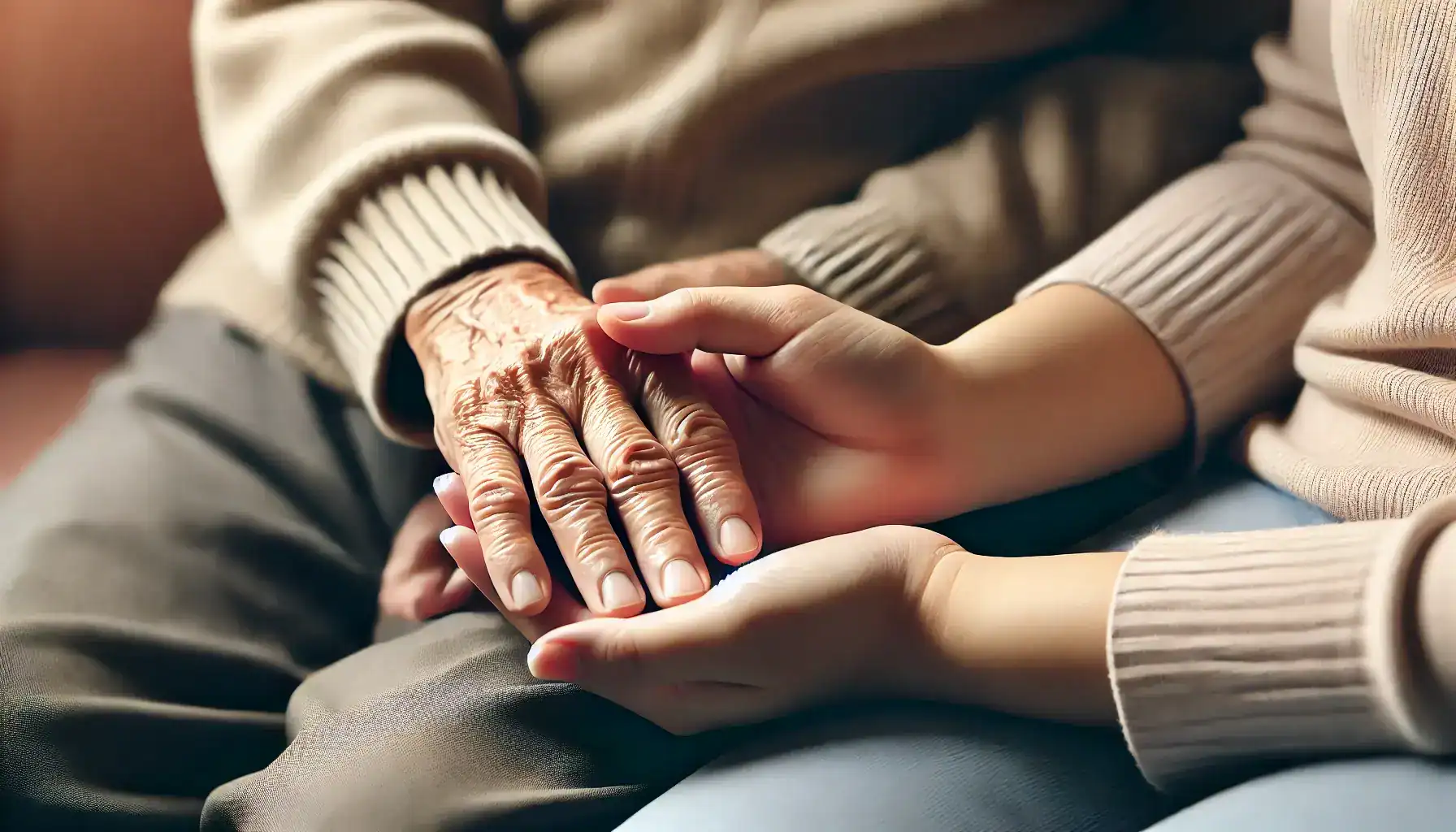 Zwei Hände: Eine junge Hand hält behutsam die Hand einer älteren Person – Symbol für Fürsorge bei Demenz.