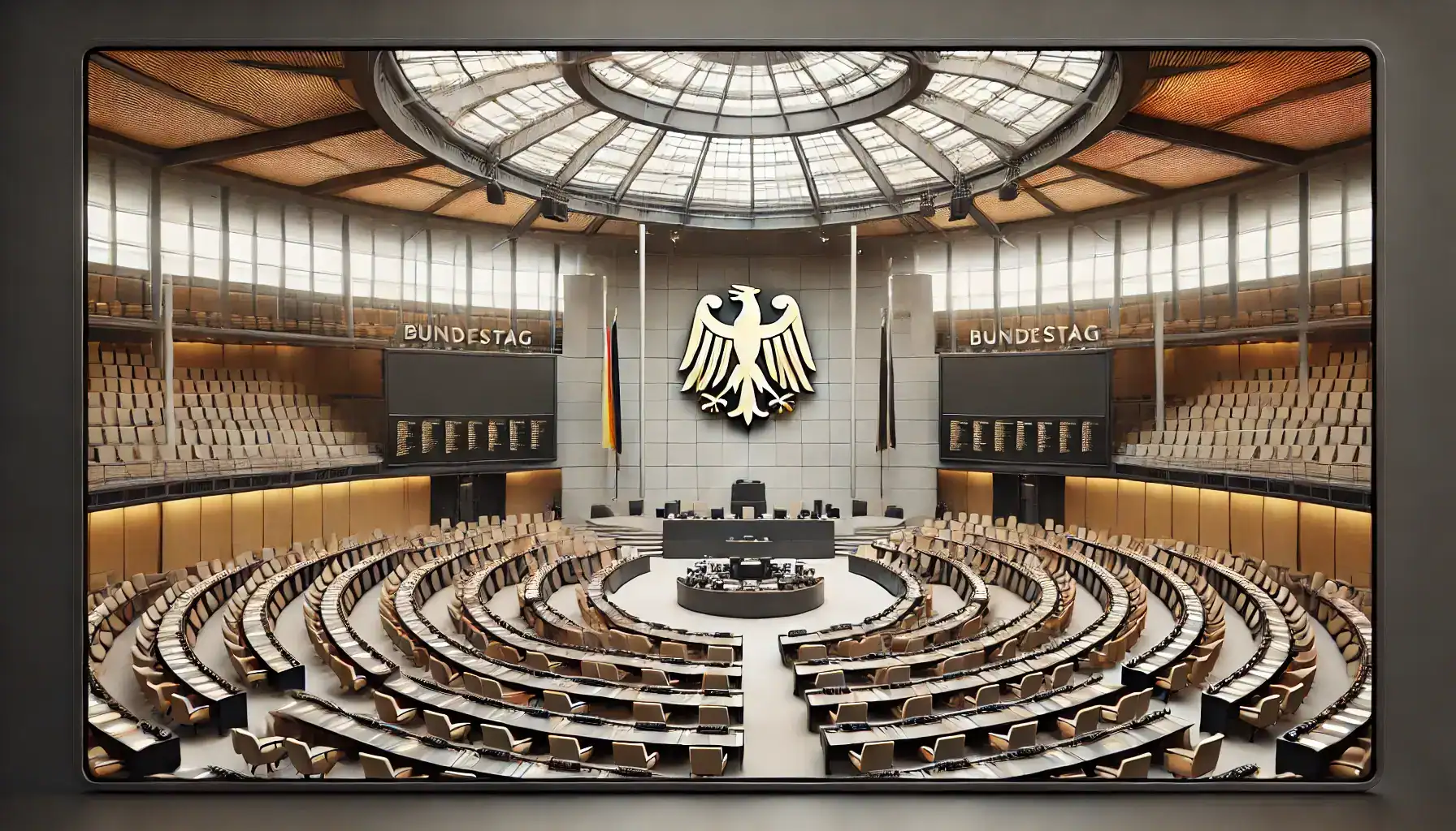 Blick in den leeren Plenarsaal des Deutschen Bundestages mit dem Bundesadler im Zentrum – Thema Demenz und Politik.