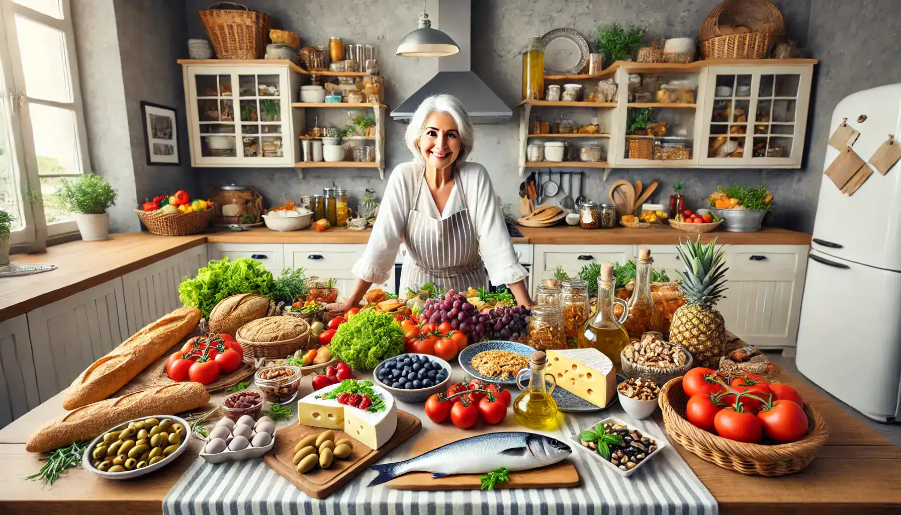 Frau in Küche mit vielfältigen mediterranen Lebensmitteln – Symbol für gesunde Ernährung bei Demenzprävention.