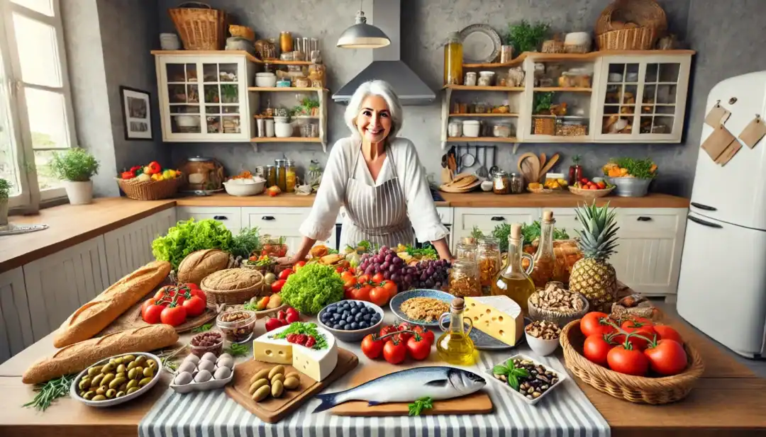 Ältere Frau steht lächelnd in einer Küche hinter einem großen Tisch mit mediterranen Lebensmitteln wie Fisch, Olivenöl, Gemüse, Nüssen und Vollkornbrot.