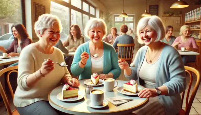 Drei ältere Frauen essen lachend Sahnetorte in einem Café.