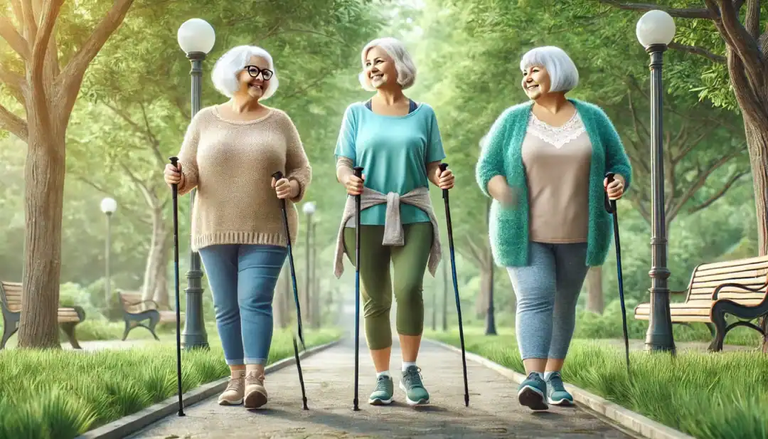 Drei ältere Frauen machen gut gelaunt Nordic Walking in einem Park bei Sonnenschein.