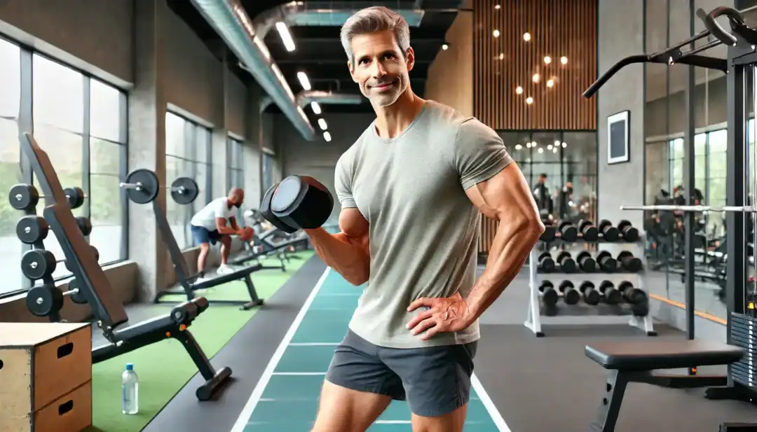 Muskulöser Mann mittleren Alters trainiert mit einer Hantel im Fitnessstudio.