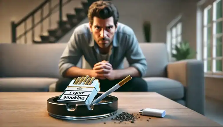 Mann sitzt nachdenklich vor einer Zigarettenschachtel mit dem Aufdruck „I quit smoking“ – Symbolbild für Tabaksucht und Entwöhnung.