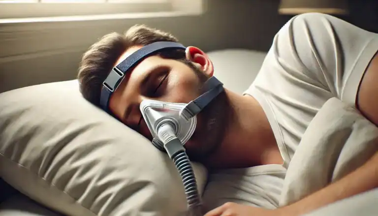 Mann schläft mit einer CPAP-Maske zur Behandlung von Schlafapnoe.