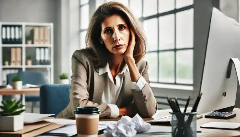Erschöpfte Frau mittleren Alters im Business-Outfit sitzt nachdenklich an einem Schreibtisch – Symbolbild für Belastung durch Wechseljahre im Berufsleben.