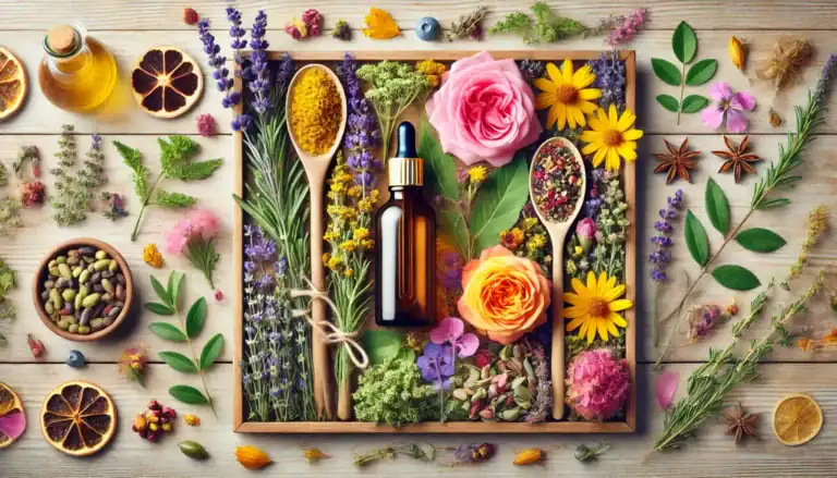 Bunte Auswahl an Heilpflanzen, Blüten, Kräutern und Ölen – Symbol für natürliche Phytoöstrogene in den Wechseljahren.