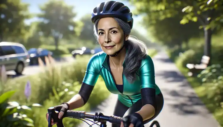 Ältere Frau in sportlicher Radkleidung mit Helm fährt bei Sonnenschein auf einem Radweg, lächelt selbstbewusst in die Kamera.