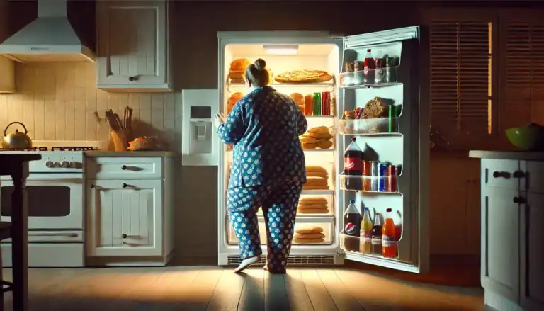 Übergewichtige Frau steht nachts im Pyjama vor einem geöffneten Kühlschrank, der mit Pizza, Brot und Softdrinks gefüllt ist.