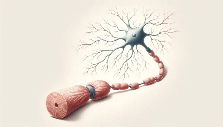 Illustration einer Nervenzelle mit Axon und muskelähnlichen Endverzweigungen, künstlerisch abstrahiert.