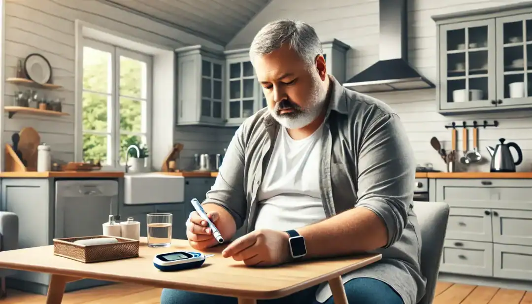 Übergewichtiger Mann misst in moderner Küche mit einem Blutzuckermessgerät den Blutzuckerwert.