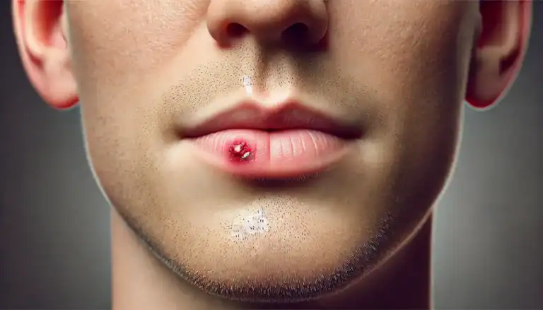 Nahaufnahme eines männlichen Gesichts mit einem ausgeprägten Herpesbläschen auf der Unterlippe.