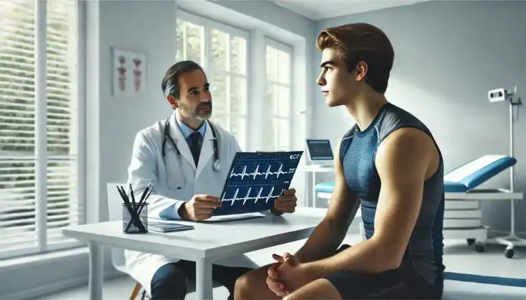 Arzt zeigt einem jungen sportlichen Mann ein EKG-Diagramm bei einer Herzuntersuchung.