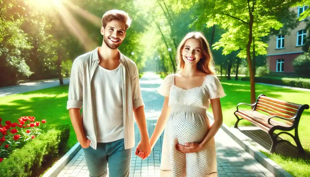 Schwangere Frau geht Hand in Hand mit Partner durch sonnigen Park.
