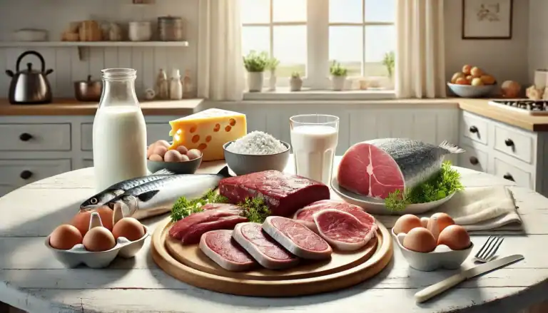 Verschiedene tierische Lebensmittel reich an Vitamin B12 – darunter Fleisch, Fisch, Eier, Milch und Käse – auf einem Tisch in einer hellen Küche arrangiert.