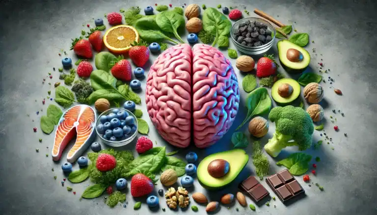 Symbolisches Gehirn umgeben von Brain-Food-Zutaten wie Beeren, Fisch, Nüssen, Avocado und Schokolade.