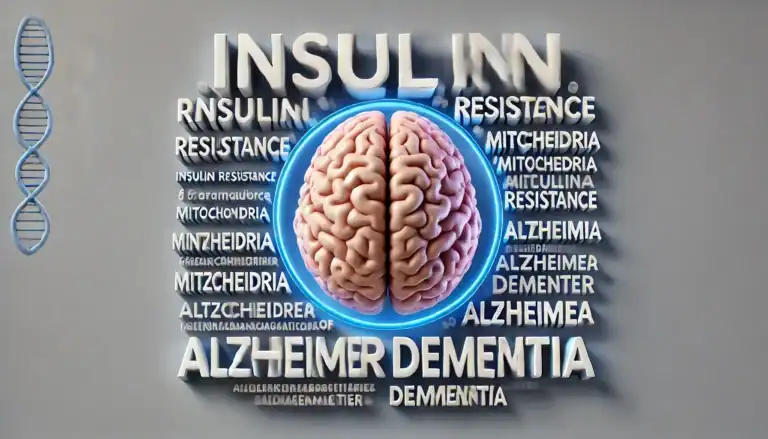 Grafische Darstellung eines Gehirns mit Begriffen wie „Insulinresistenz“, „Alzheimer“ und „Dementia“ – visuelle Verbindung zwischen Insulin, Gehirn und neurodegenerativen Erkrankungen.