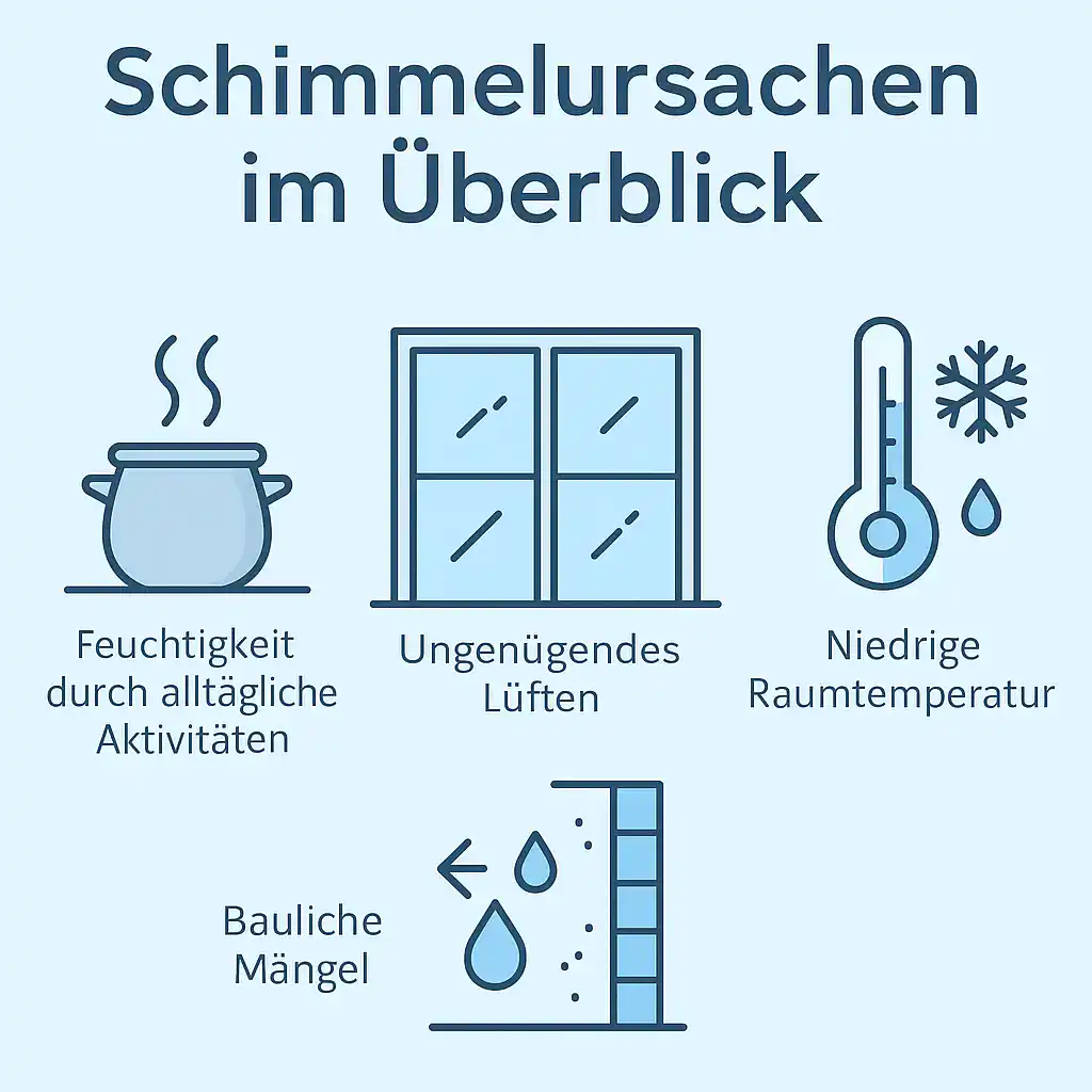 Infografik zeigt Hauptursachen für Schimmelbildung: alltägliche Feuchtigkeit, unzureichendes Lüften, niedrige Temperaturen und bauliche Mängel.