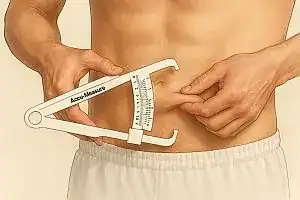 Mann misst Bauchfett mit Caliper – symbolisch für Gewichtsreduktion und deren Einfluss auf die Gehirngesundheit