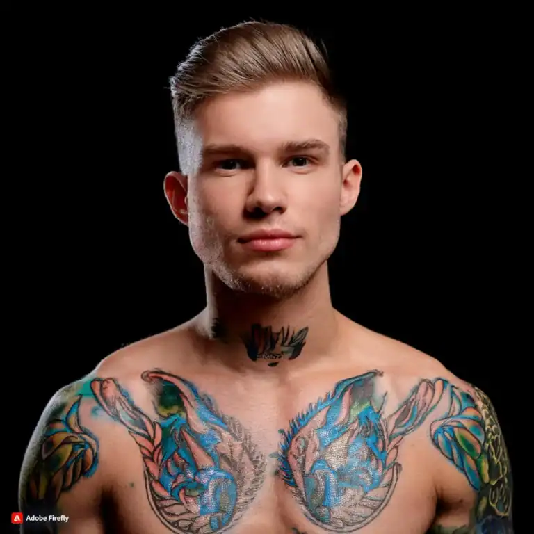 Junger Mann mit farbenfrohen Brust- und Hals-Tattoos vor schwarzem Hintergrund.