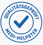 Qualitätssiegel Medi-Helpster mit blauem Haken und der Aufschrift "Qualitätsgeprüft“