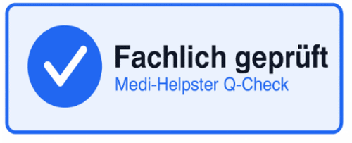 Medi-Helpster Q-Check Badge mit blauem Haken und dem Hinweis ‚Fachlich geprüft‘