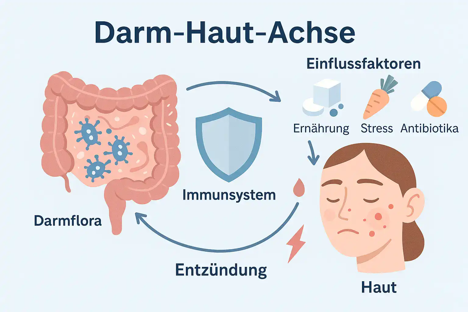 Infografik zeigt die Darm-Haut-Achse mit Darmflora, Immunsystem, Entzündung und Haut sowie Einflussfaktoren Ernährung, Stress und Antibiotika in zarten Blautönen.