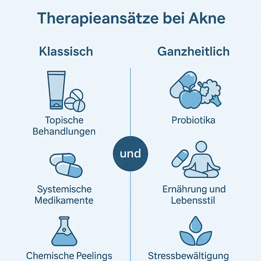 Infografik zeigt klassische und ganzheitliche Therapieansätze bei Akne nebeneinander in zarten Blautönen, verbunden durch einen Hinweis, dass sich beide Ansätze aktuell ergänzen.