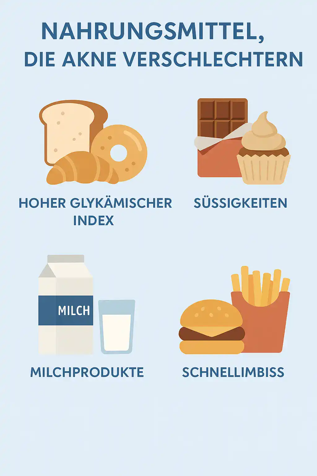 Infografik in hellblau zeigt Lebensmittel mit hohem glykämischen Index und Milchprodukte, die Akne verschlechtern können.