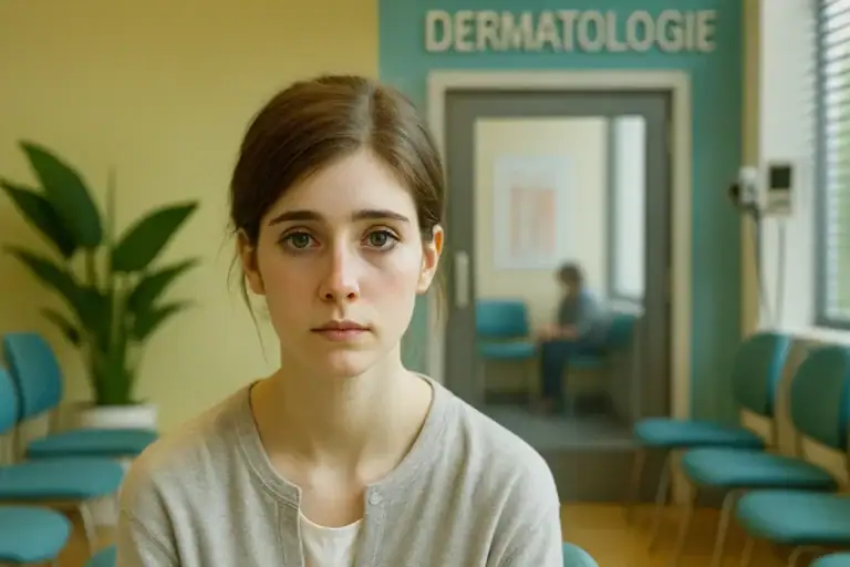 Junge Frau sitzt im Wartezimmer einer dermatologischen Praxis und wirkt ernst und nachdenklich.