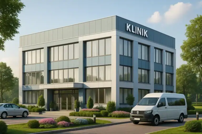 Foto einer modernen Klinikfassade mit Glasfront, blau-weißer Gestaltung und dem Schriftzug „Klinik