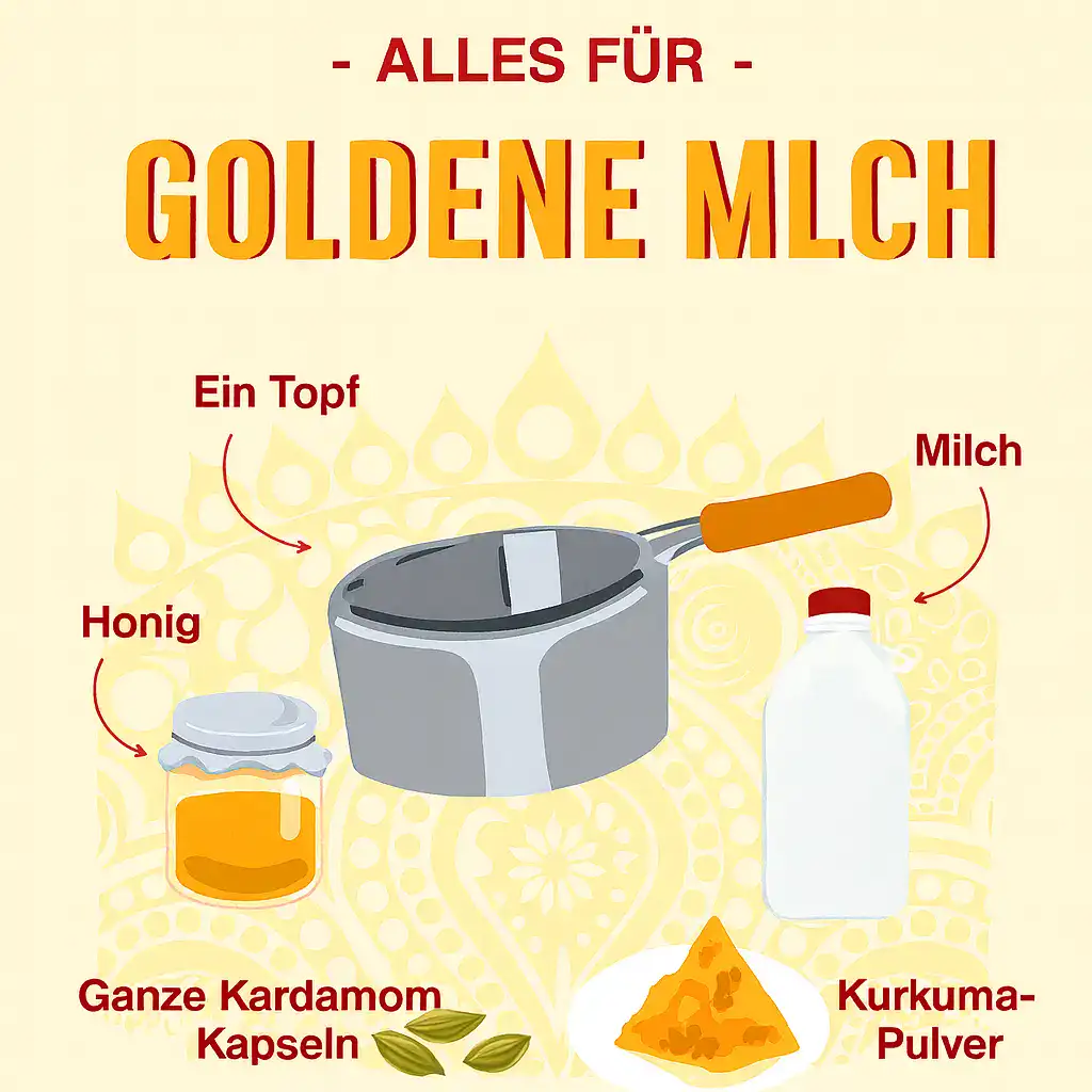 Zutaten für Goldene Milch: Honig, Kardamomkapseln, Kurkuma-Pulver, Milch und ein Topf.