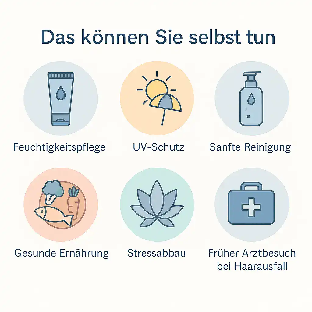 Infografik mit sechs Tipps für Haut und Haare in den Wechseljahren: Feuchtigkeitspflege, UV-Schutz, sanfte Reinigung, gesunde Ernährung, Stressabbau, frühzeitiger Arztbesuch.