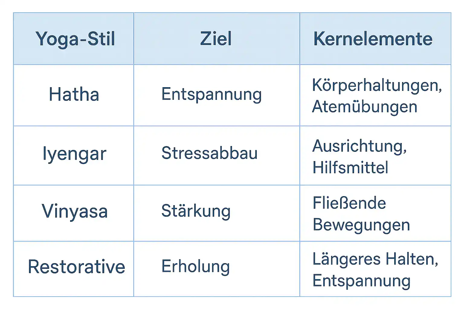 Tabelle: Yoga-Stile Hatha, Yin, Vinyasa, Restorative mit Zielen und Kernelementen