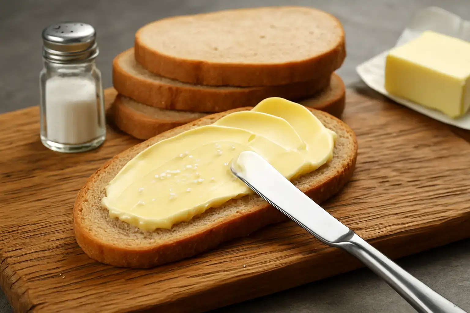 Butterbrot mit Butter und Salzstreuer auf Holzbrett – Symbolbild für gesättigte Fette.