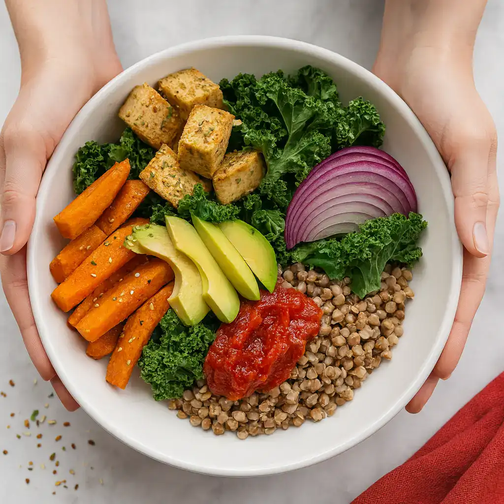 Hände halten eine bunte Bowl mit Avocado, Süßkartoffeln, Tofu, Grünkohl und Buchweizen – Symbol für ausgewogene pflanzliche Ernährung.