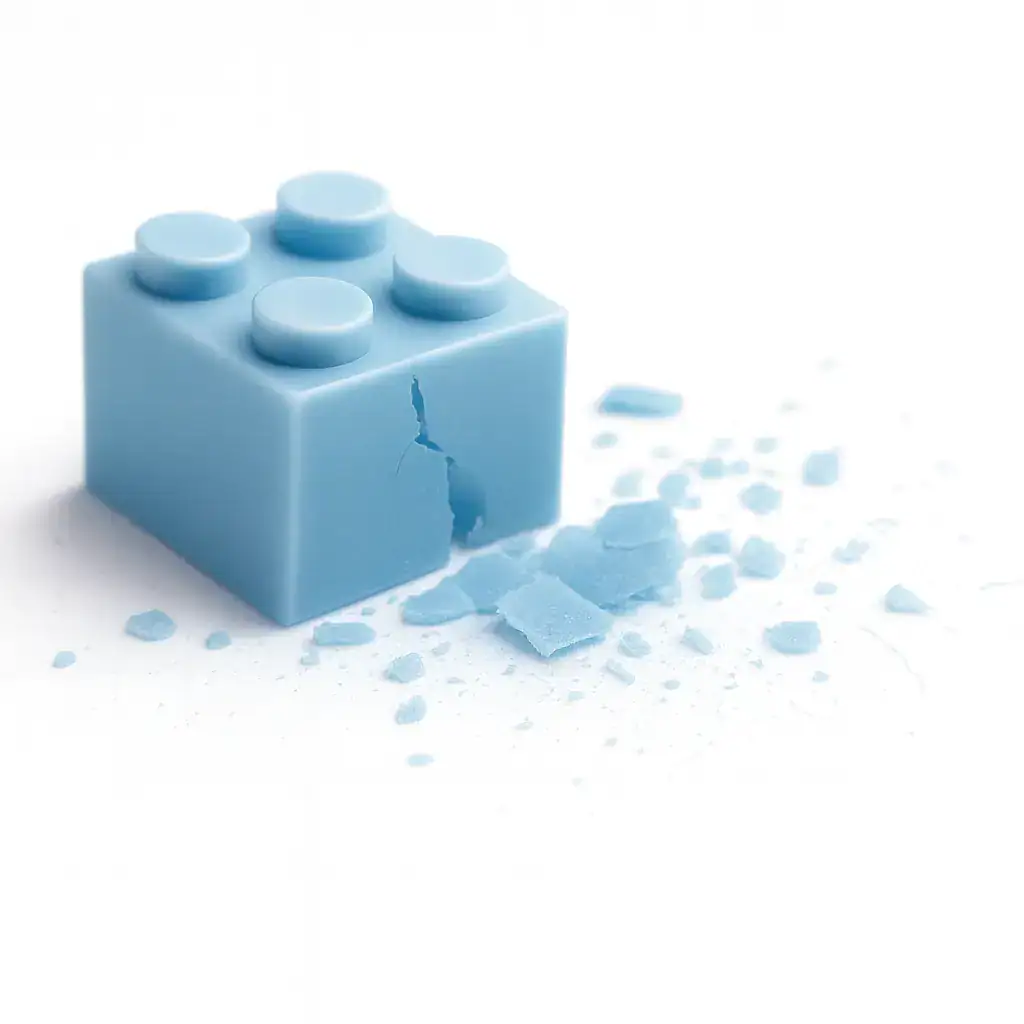 Hellblauer Lego-Baustein mit sichtbaren Rissen; daneben Splitter, Flakes und feiner Abrieb – sinnbildlich dafür, wie Plastik in Mikroplastik zerfällt.